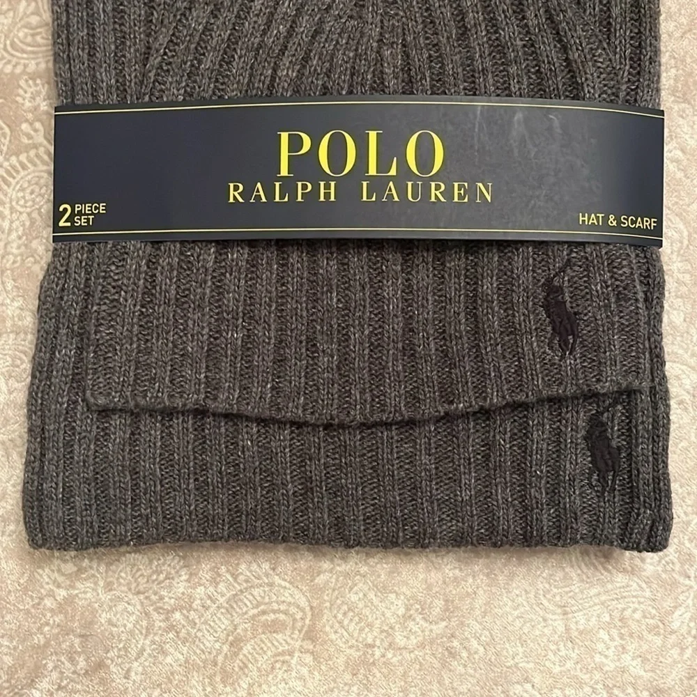 Brand New Polo Ralph Lauren 2-Piece Knit Beanie Hat & Scarf Set Gray Wool Pony